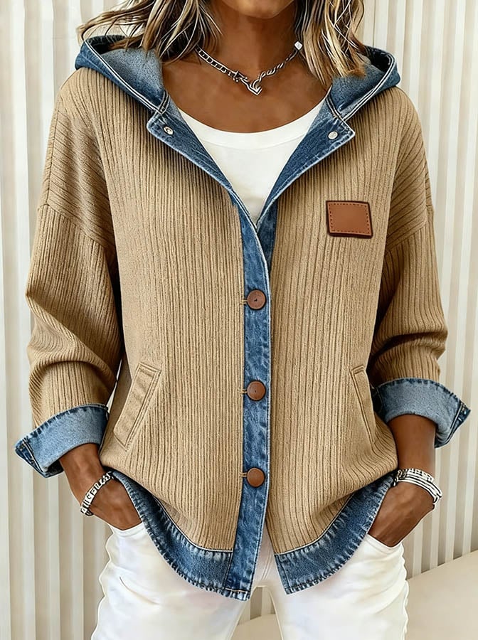 Women’s Hooded Corduroy Jacket with Denim Trim