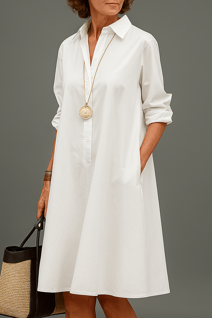 Women's Long Sleeve Shirt Midi Dress with Collared Neck