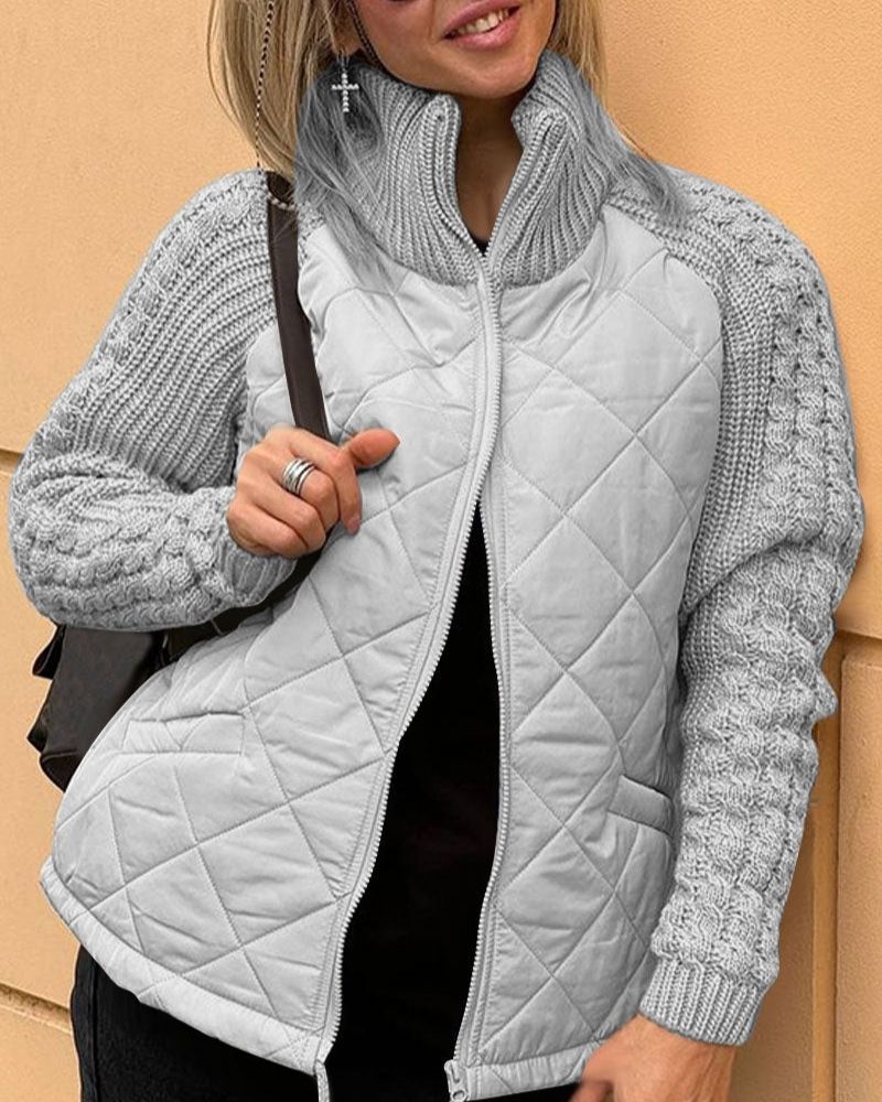 Women's Quilted Jacket with Cable Knit Sleeves