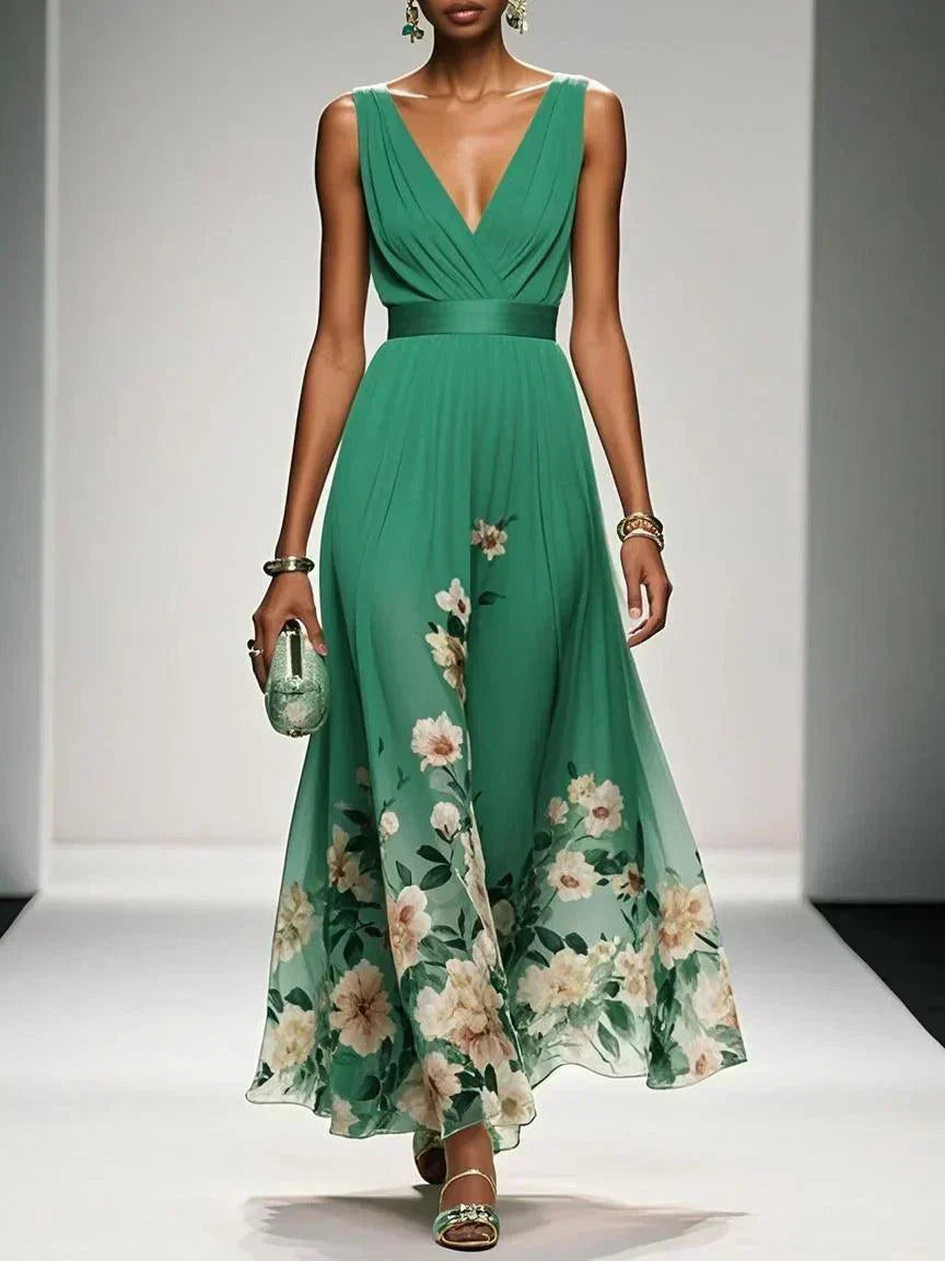 Women’s Floral V Neck Sleeveless Maxi Dress with Flowing Silhouette