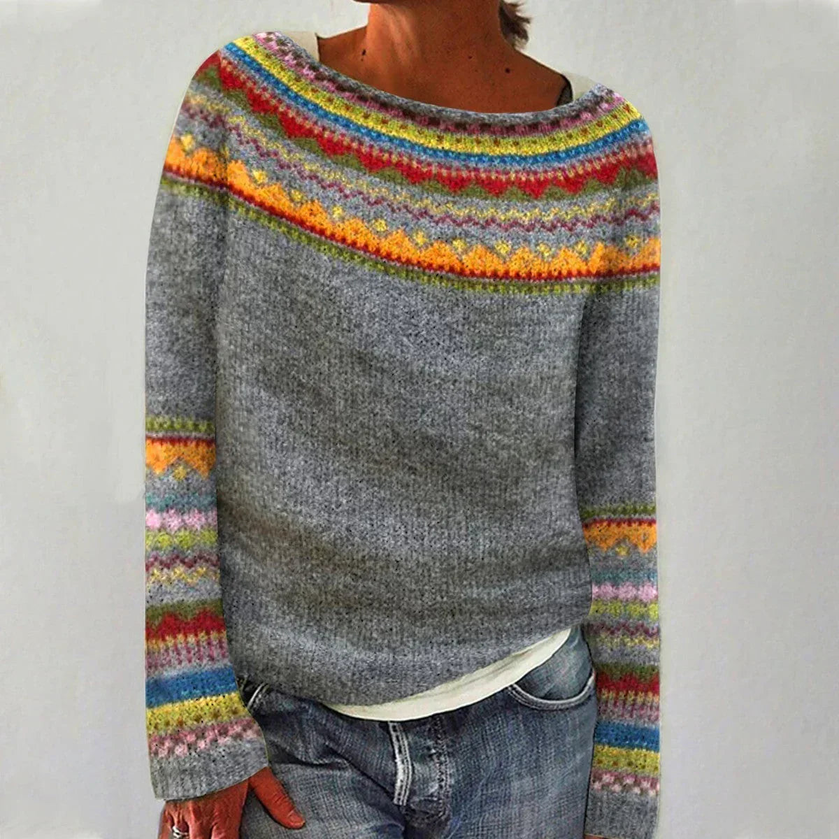 Women's Colorful Nordic Fair Isle Boat Neck Knit Sweater