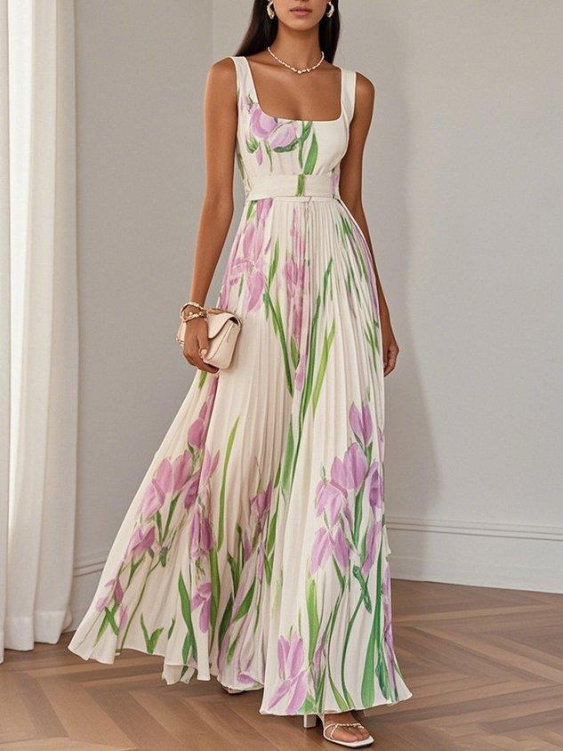Floral Pleated Maxi Dress with Square Neckline