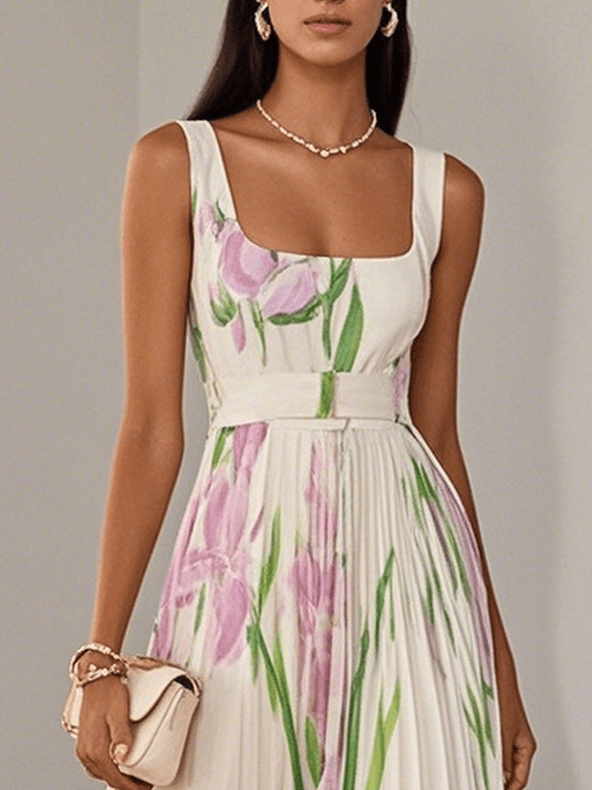 Floral Pleated Maxi Dress with Square Neckline