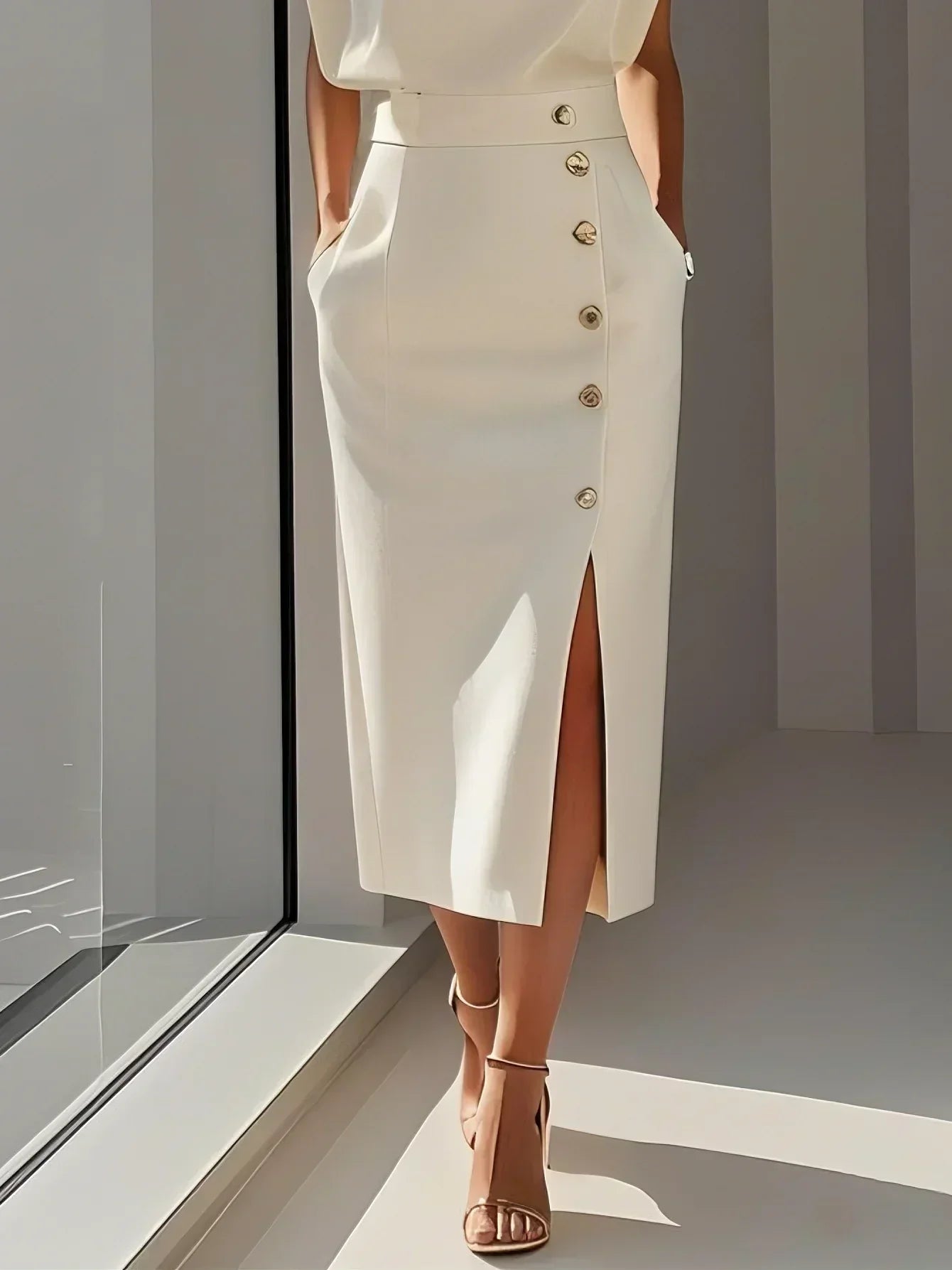 Women's Elegant Button Detail Midi Dress