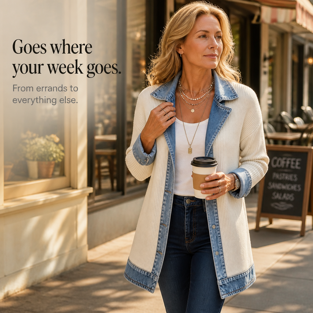 Women's Ribbed Knit Cardigan with Denim Panels