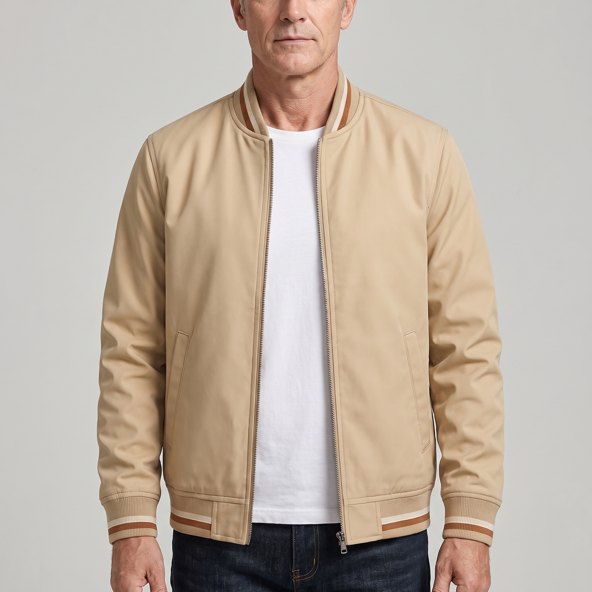 Men's Zip-Up Classic Bomber Jacket with Ribbed Detail
