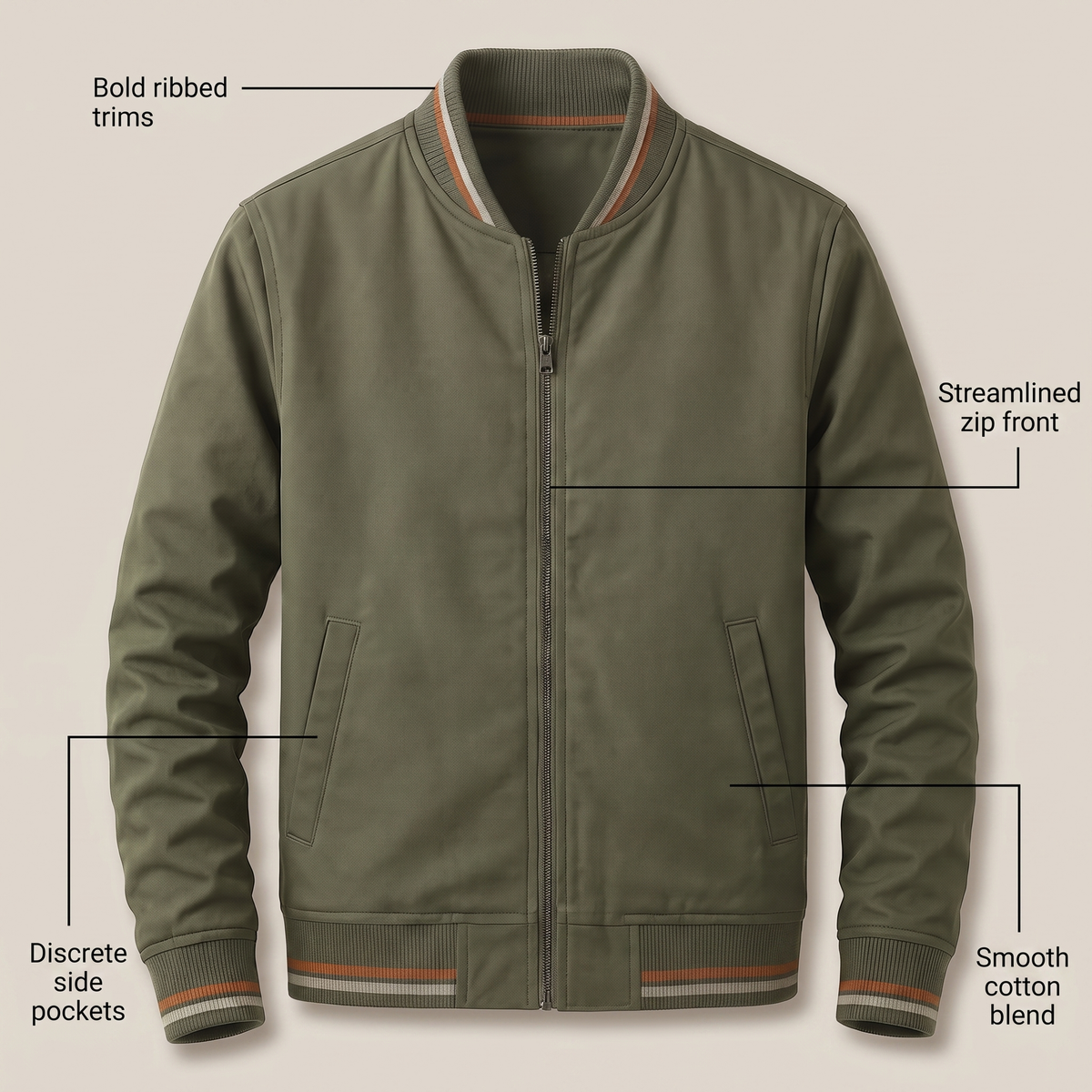 Men's Zip-Up Classic Bomber Jacket with Ribbed Detail