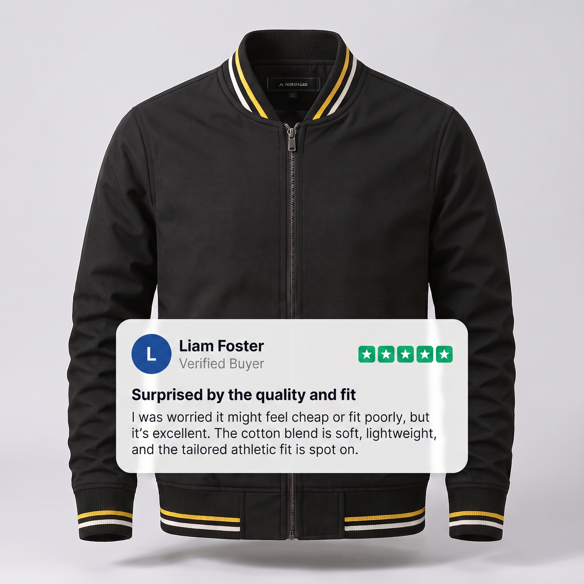 Men's Zip-Up Classic Bomber Jacket with Ribbed Detail