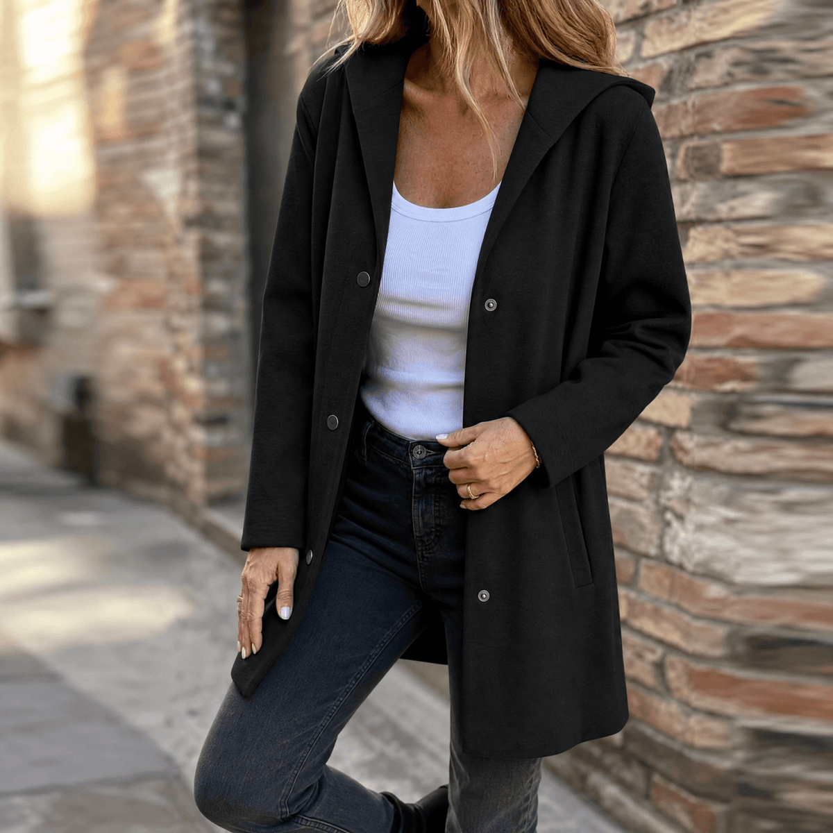 Women's Button-Front Hooded Knit Coat
