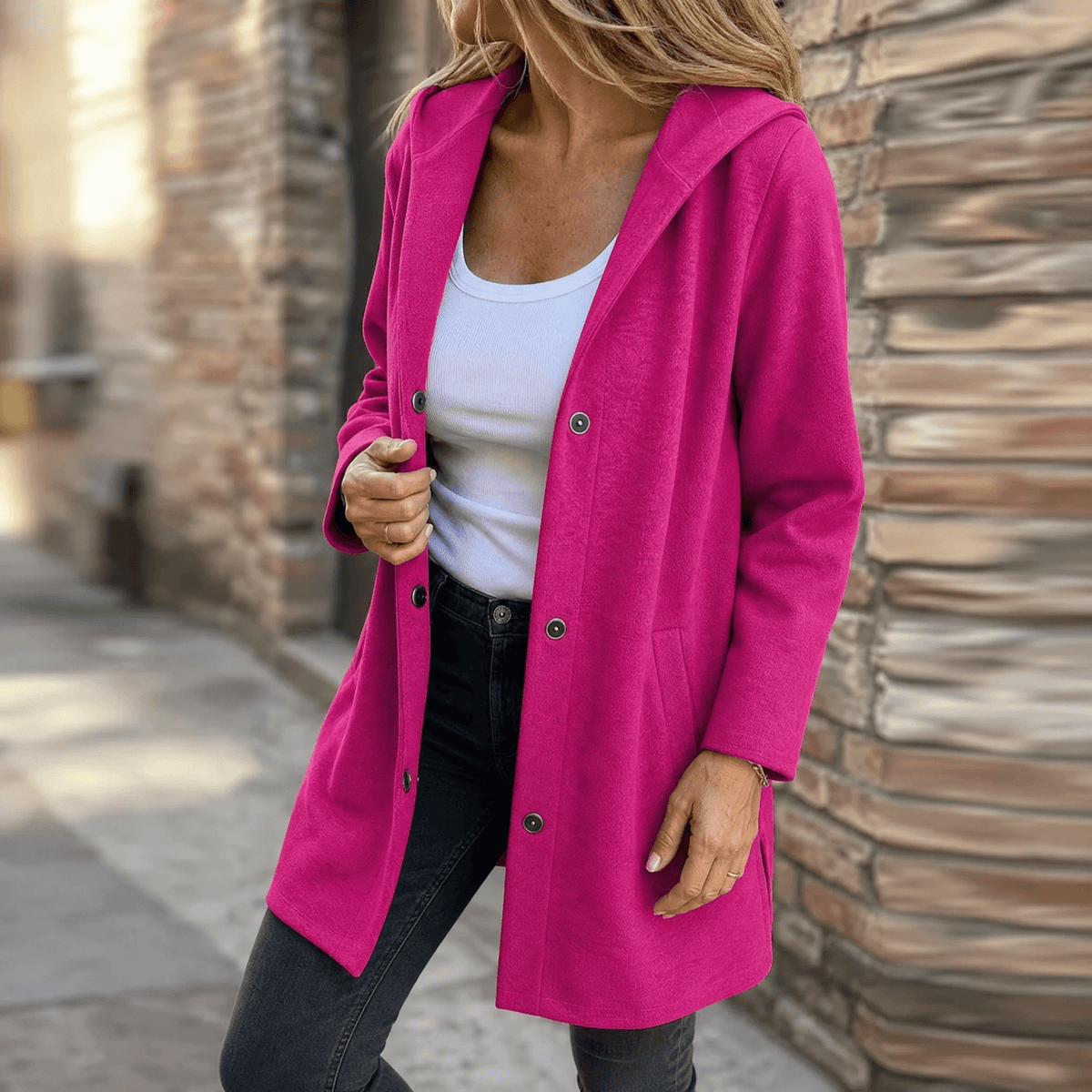Women's Button-Front Hooded Knit Coat