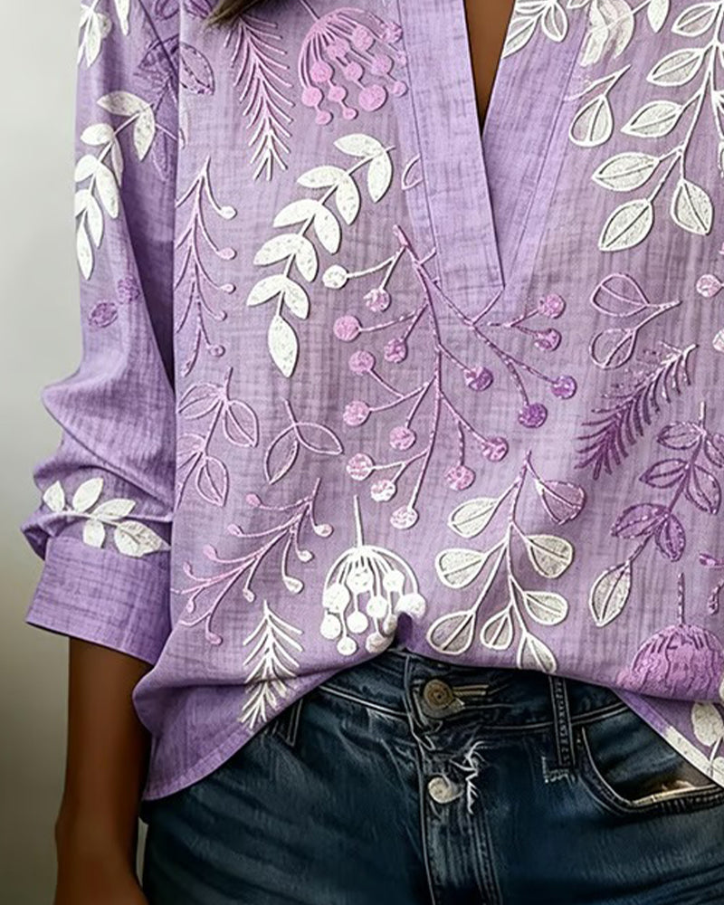 Women's Soft-Touch Blouse Pastel Floral V-Neck