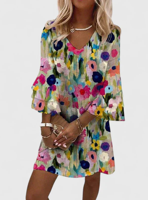 Women’s Floral Mini Dress with Flared Sleeve Design