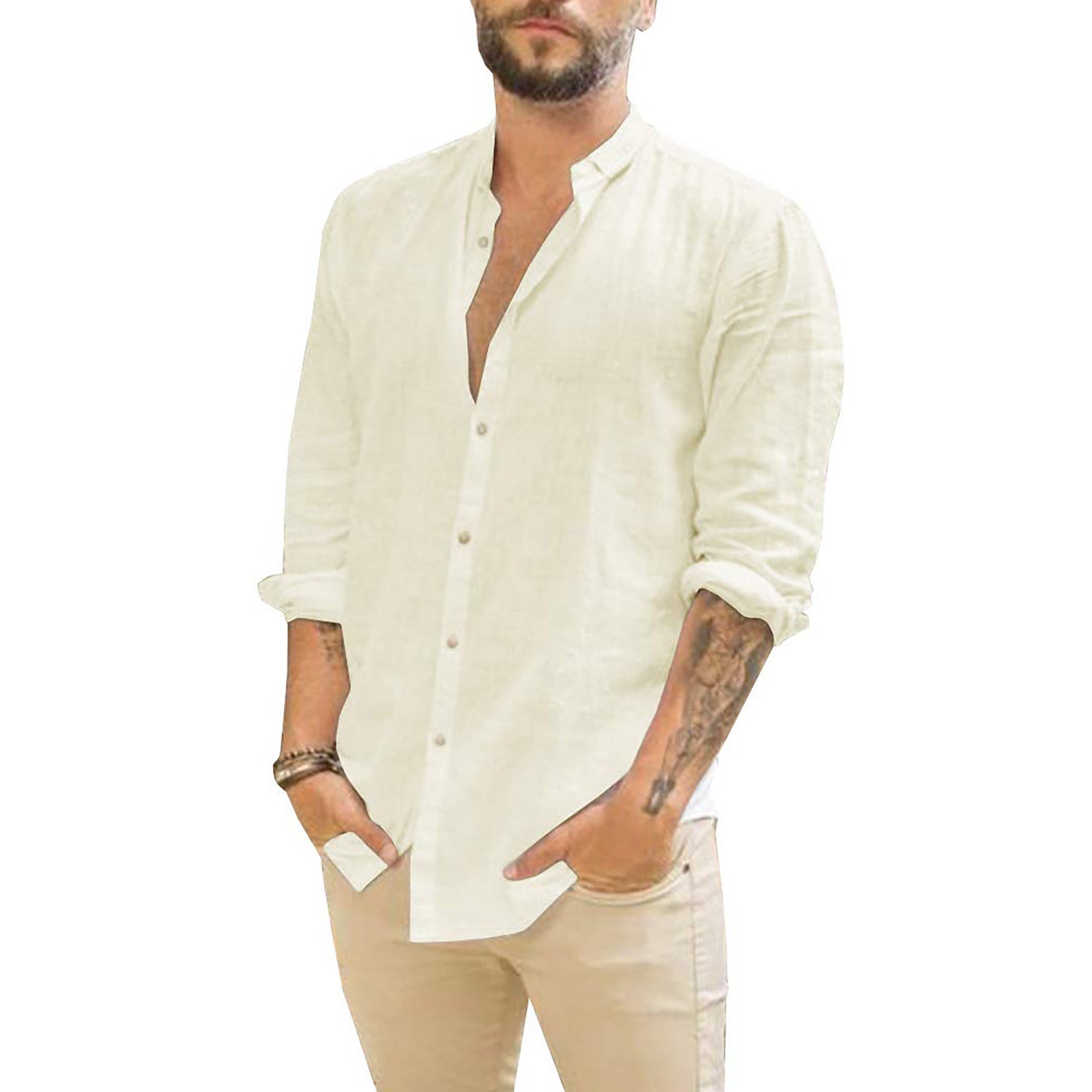 Men's Button-Up Long Sleeve Shirt with Stand Collar