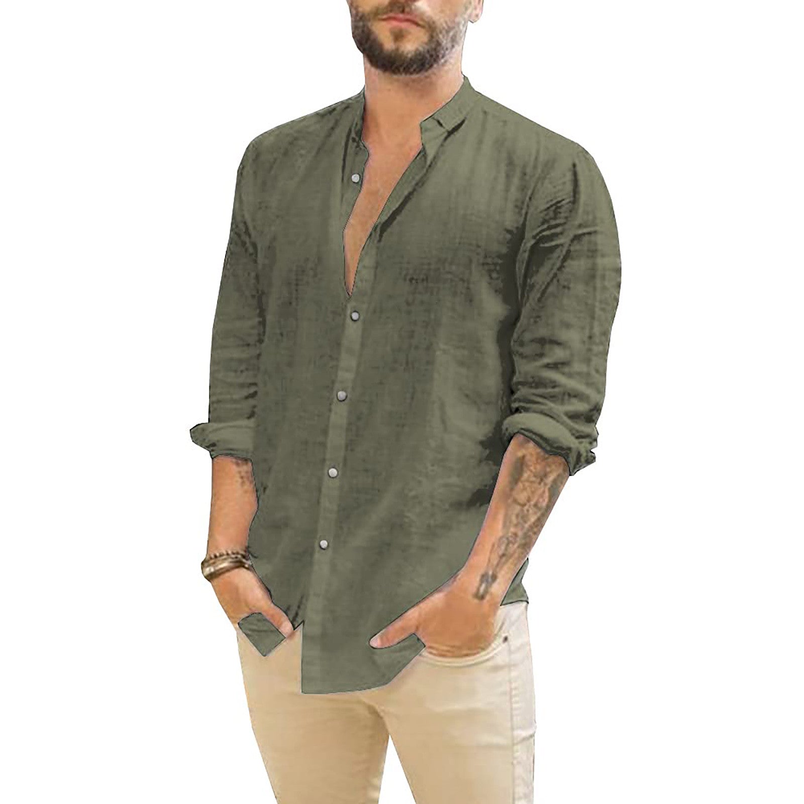 Men's Button-Up Long Sleeve Shirt with Stand Collar