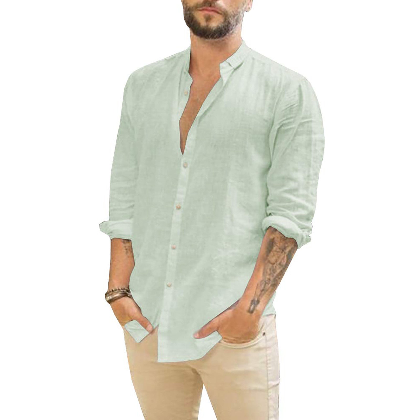 Men's Button-Up Long Sleeve Shirt with Stand Collar