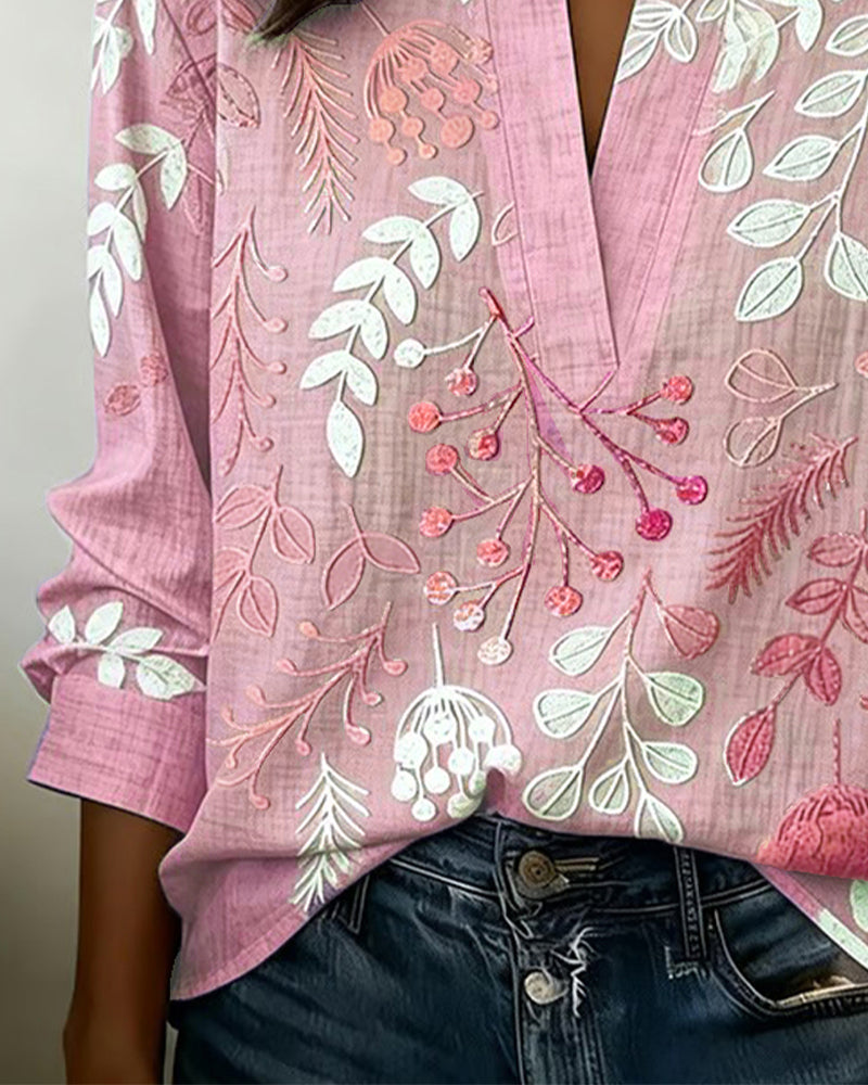 Women's Soft-Touch Blouse Pastel Floral V-Neck