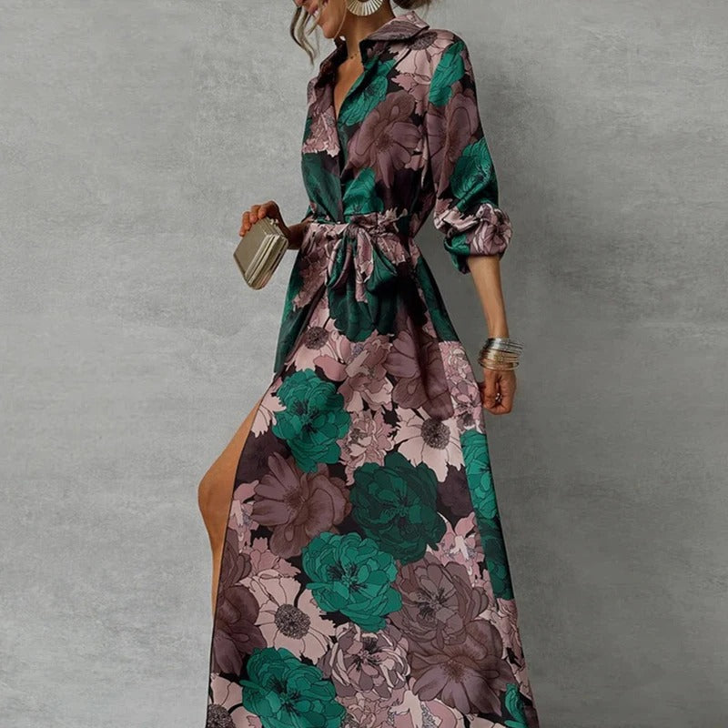 Women’s Floral Belted Long Sleeve Wrap Maxi Dress