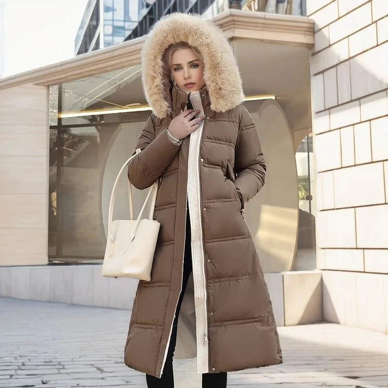 Women's Longline Quilted Parka Coat with Faux Fur Hood