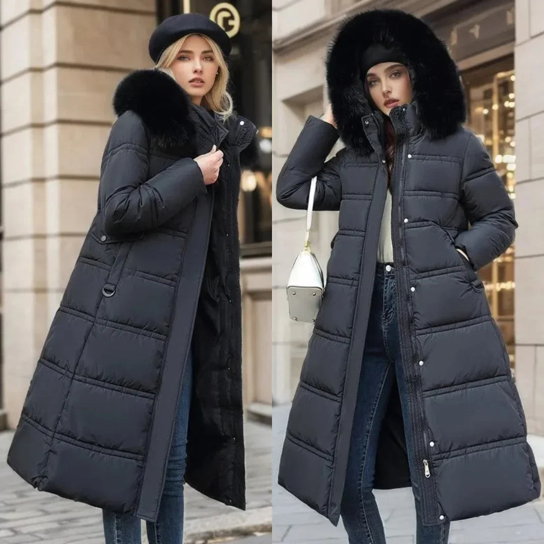 Women's Longline Quilted Parka Coat with Faux Fur Hood