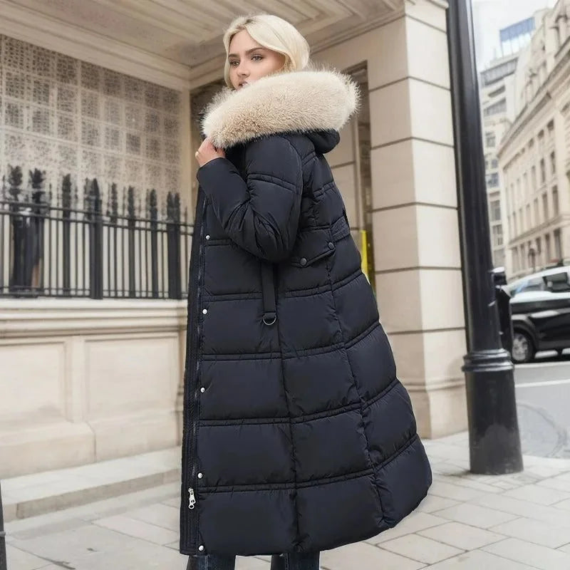 Women's Longline Quilted Parka Coat with Faux Fur Hood