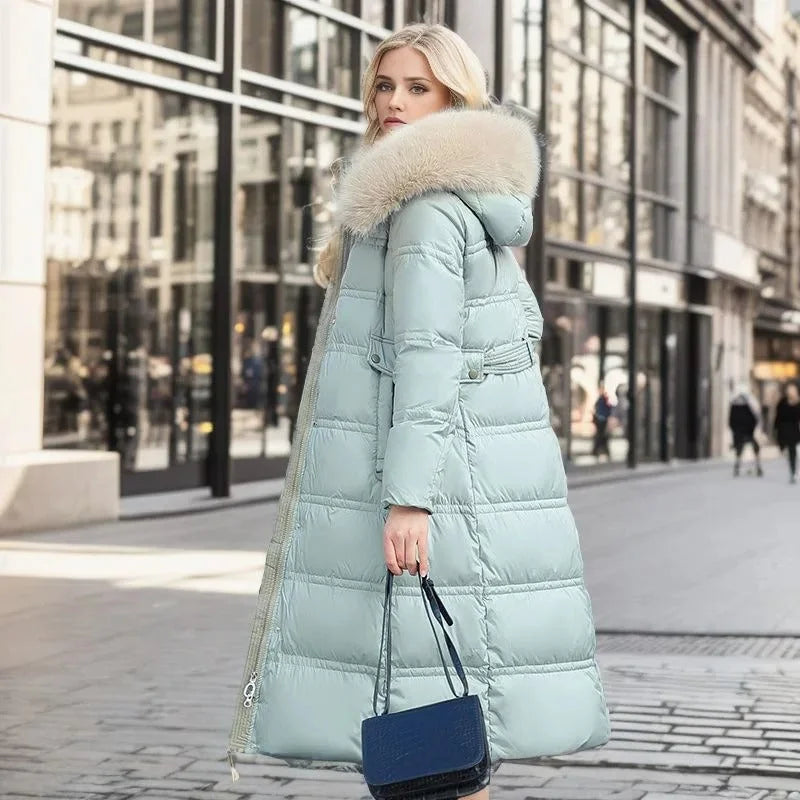 Women's Longline Quilted Parka Coat with Faux Fur Hood