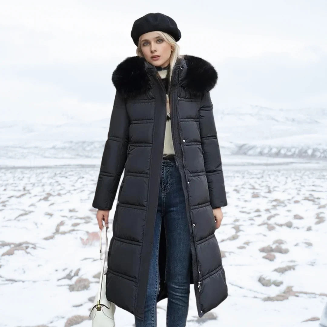 Women's Longline Quilted Parka Coat with Faux Fur Hood