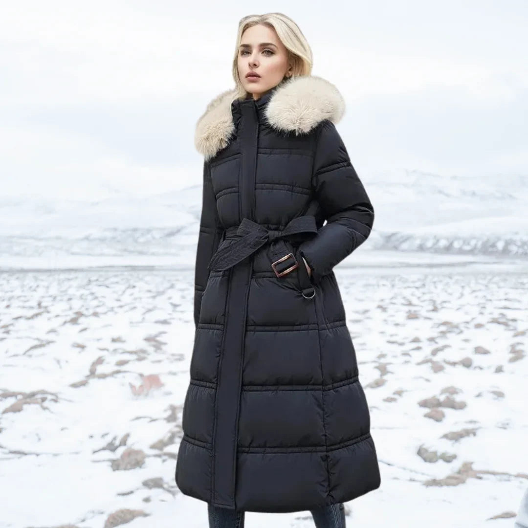 Women's Longline Quilted Parka Coat with Faux Fur Hood