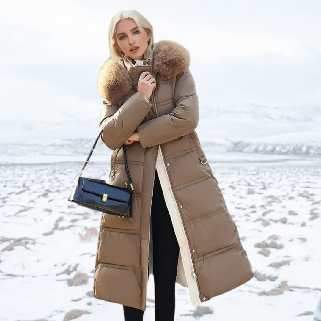 Women's Longline Quilted Parka Coat with Faux Fur Hood
