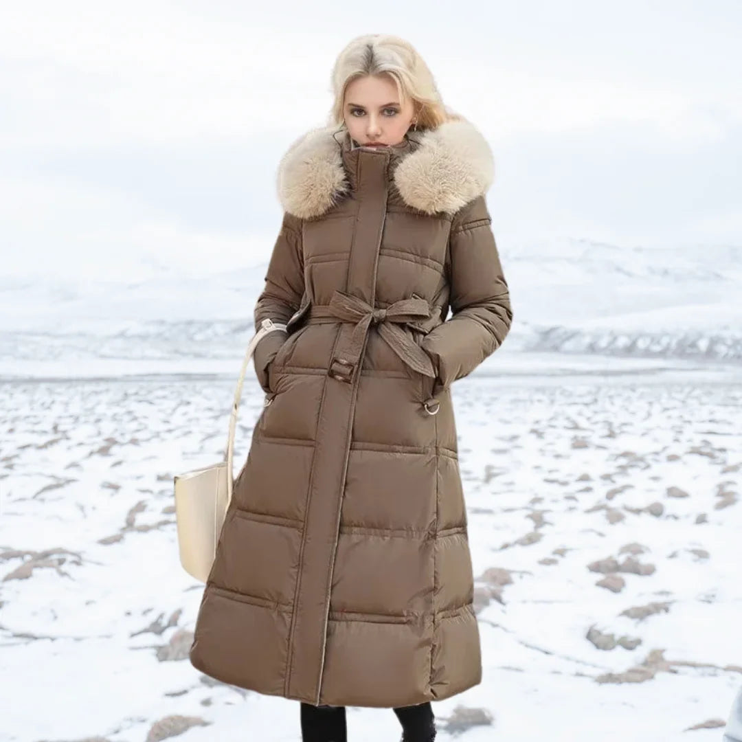 Women's Longline Quilted Parka Coat with Faux Fur Hood