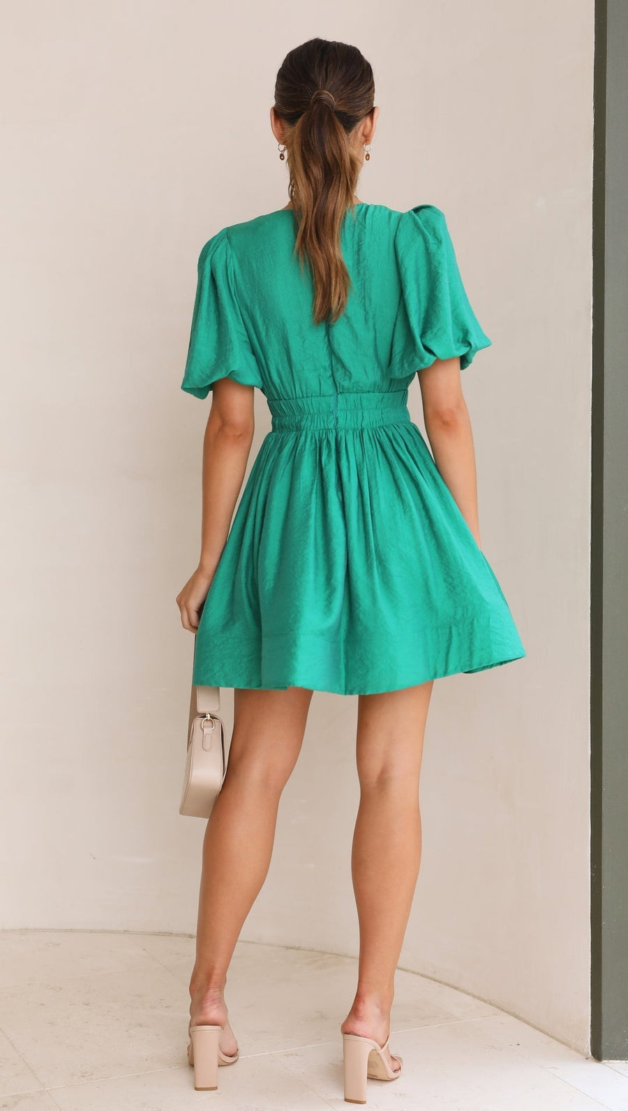 Women's Puff Sleeve V-Neck Fit & Flare Mini Dress