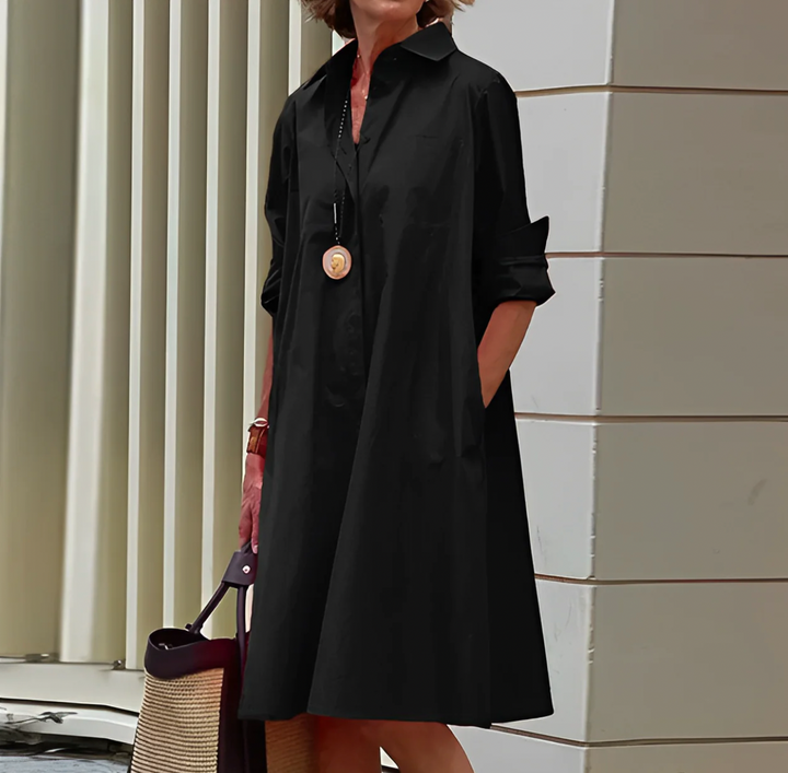 Women’s Casual Long Sleeve Button-Front Shirt Dress with Pockets