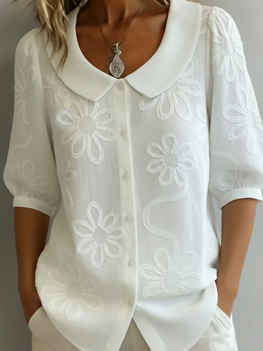Women's Floral Embroidered Peter Pan Collar Blouse
