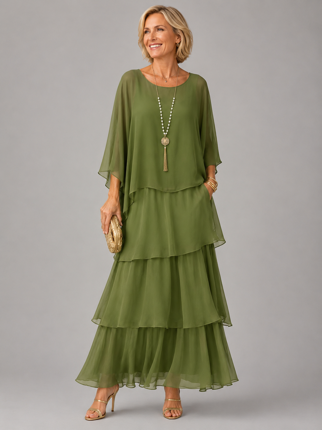 Women's Flowy Ruffle Layer Maxi Dress