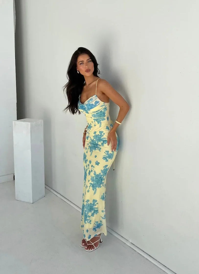Elly - Women’s sleeveless yellow slim fit floral maxi dress