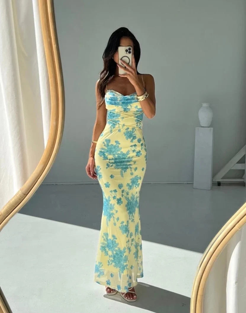 Elly - Women’s sleeveless yellow slim fit floral maxi dress