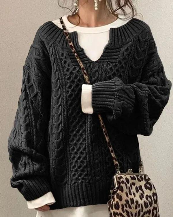 Women's Oversized Cable V-Neck Knit Sweater