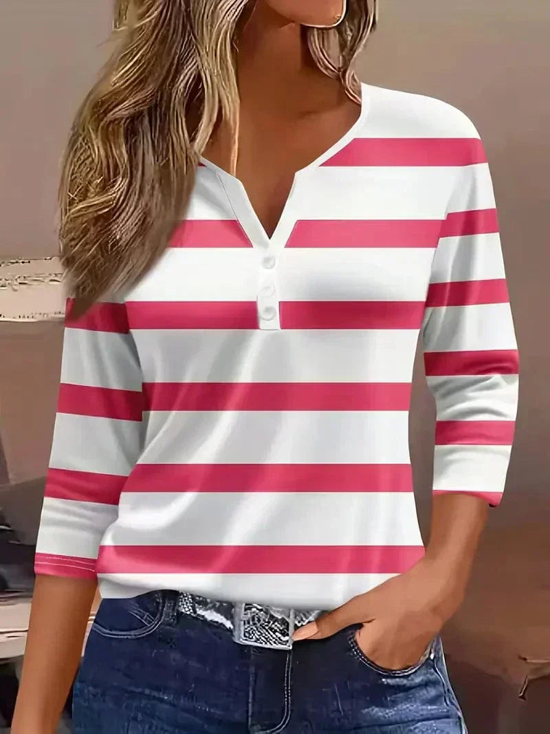 Women's Striped V-Neck Top with 3/4 Sleeves
