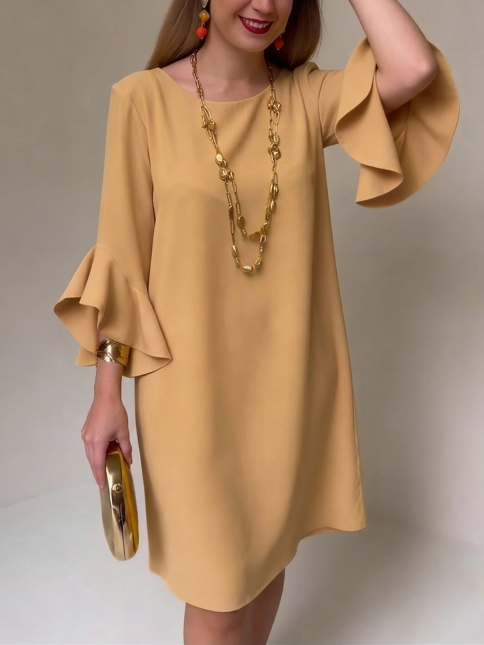 Women's Fluid Midi Dress Ruffle Sleeves