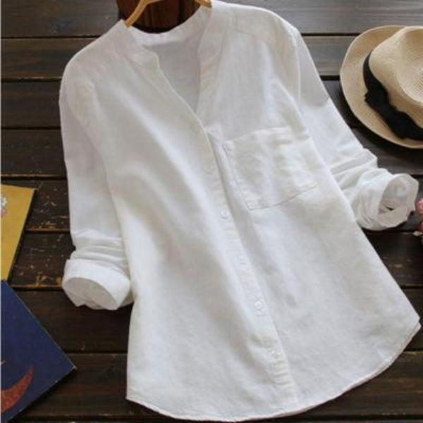 Women’s Relaxed Button-Up Blouse with Roll-Up Sleeves and Chest Pocket