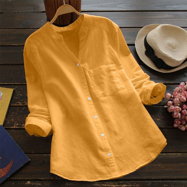 Women’s Relaxed Button-Up Blouse with Roll-Up Sleeves and Chest Pocket