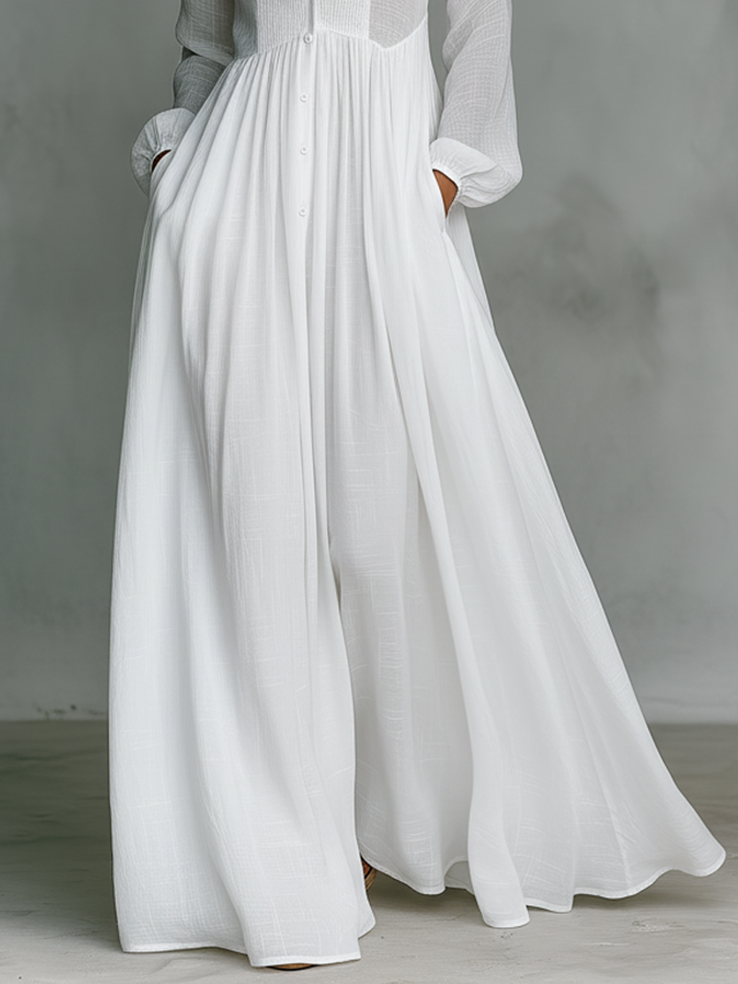 Women's Collared V-Neck Gathered Waist Maxi Dress