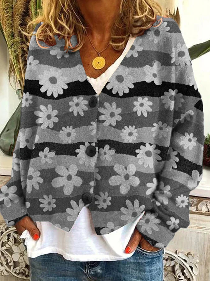 Women’s Floral Stripe Button Cardigan Sweater
