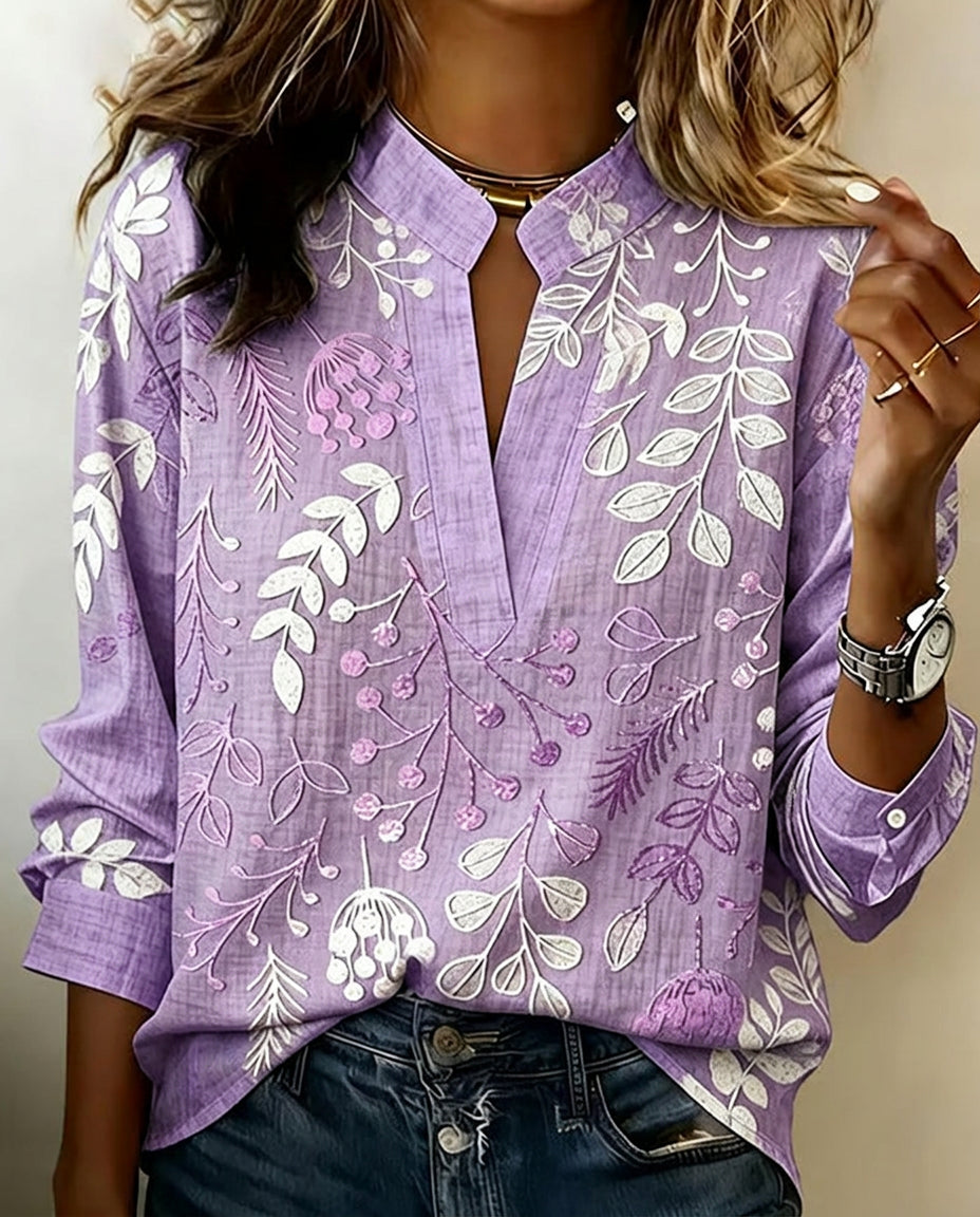 Women's Soft-Touch Blouse Pastel Floral V-Neck