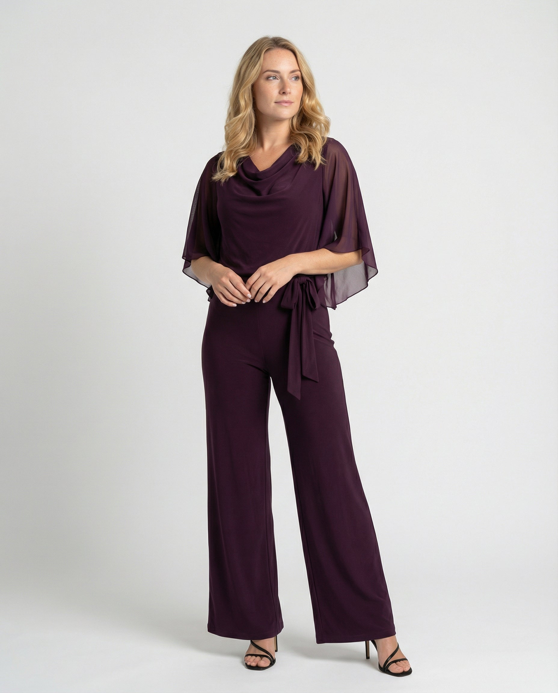 Women's Elegant Wide-Leg Jumpsuit with Cascading Neckline