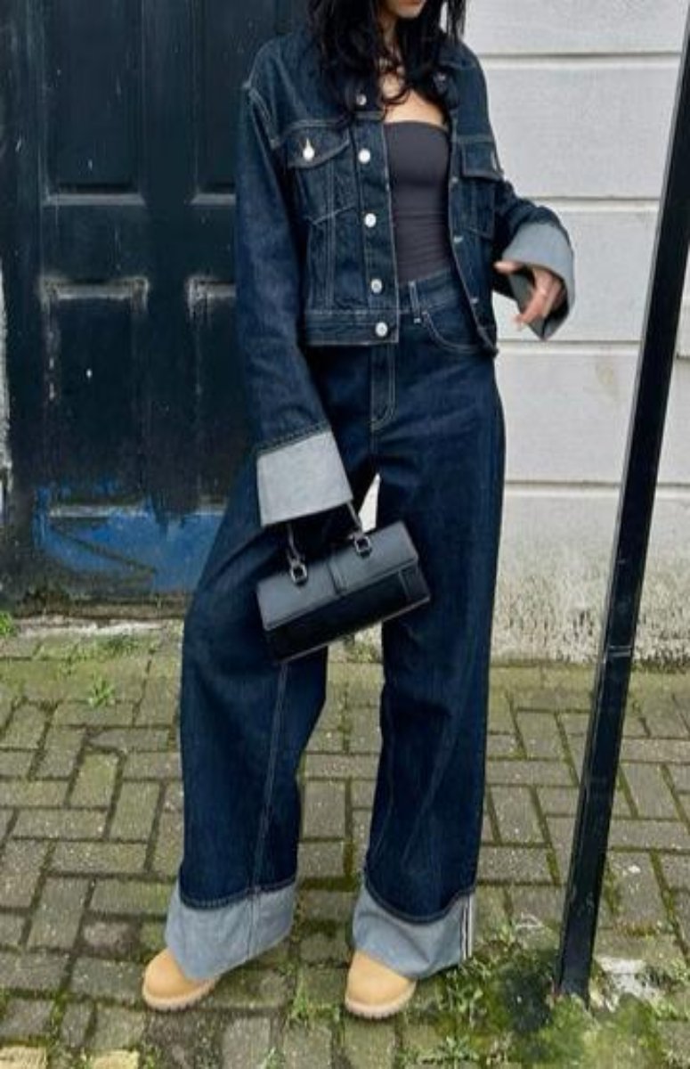 Women's Contrast-Cuff Cropped Jacket & Wide-Leg Pant Set