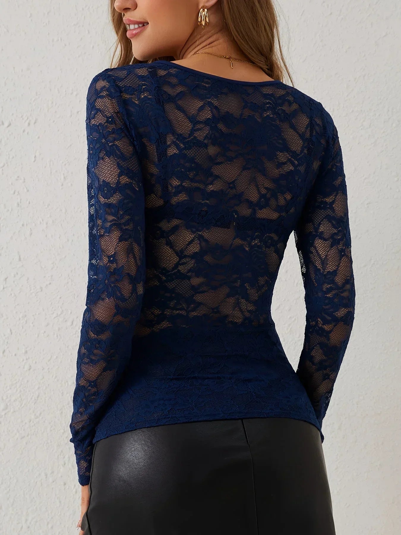 Women’s Lace Long Sleeve V Neck Sheer Top