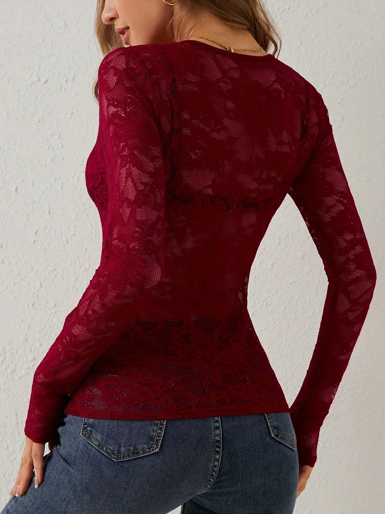 Women’s Lace Long Sleeve V Neck Sheer Top