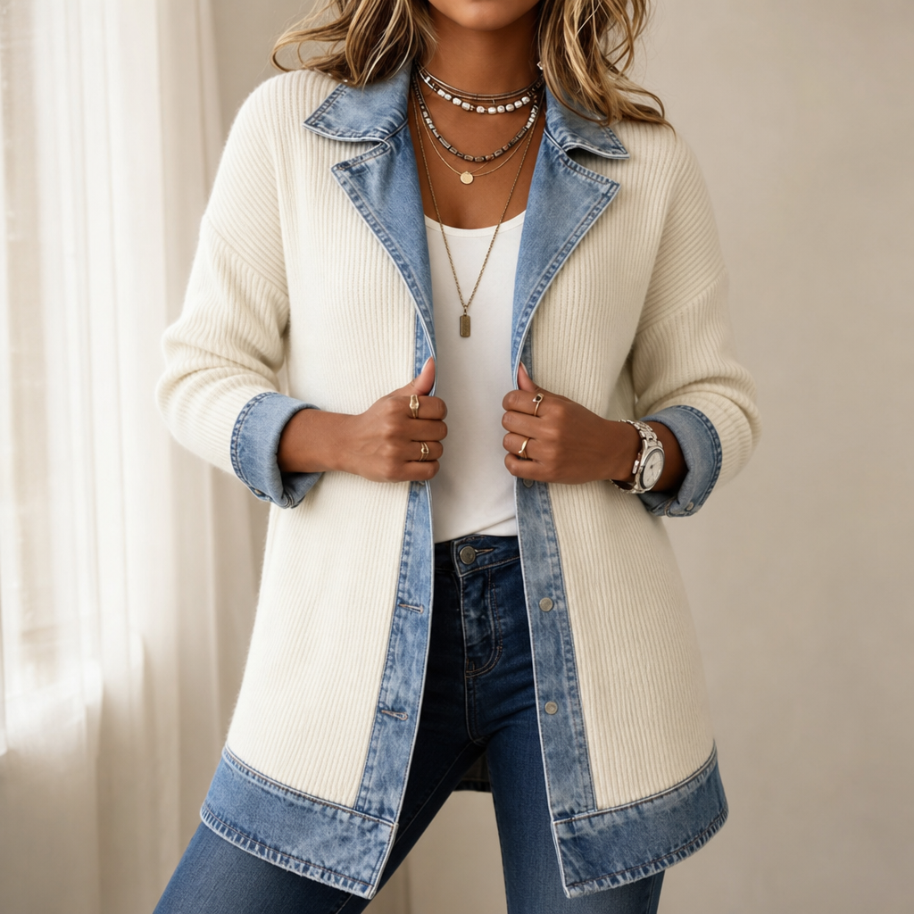 Women's Ribbed Knit Cardigan with Denim Panels