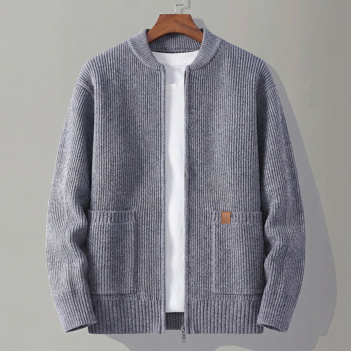 Men's Ribbed Knit Stand Collar Cardigan