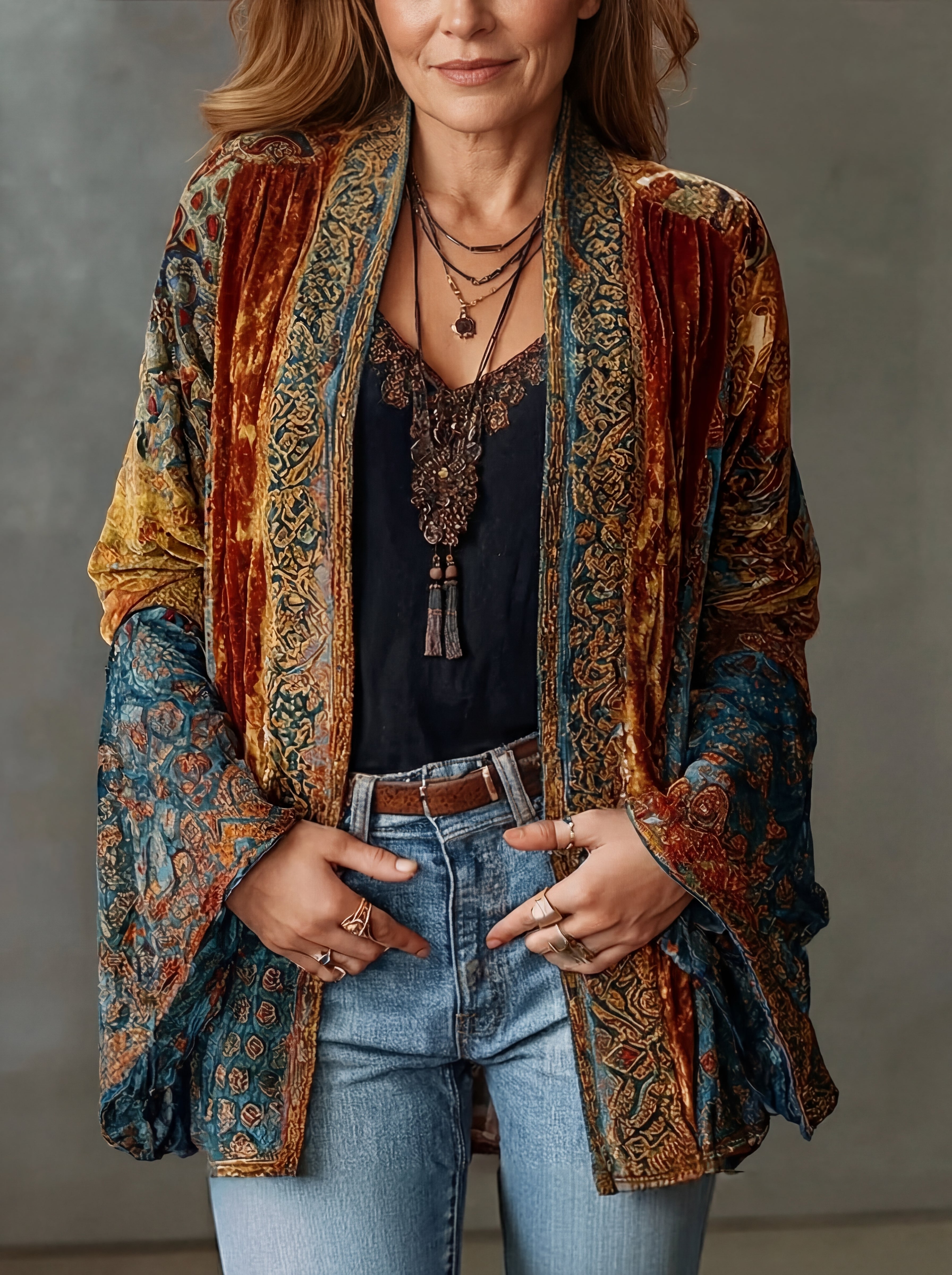 Women's Bohemian Velvet Patchwork Kimono Cardigan